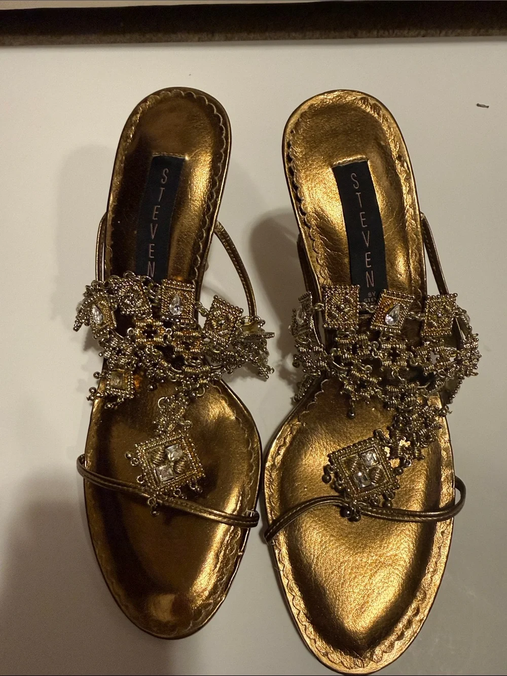 Steve Madden Metallic Gold Jeweled Slide Sandals - Picture 2 of 6